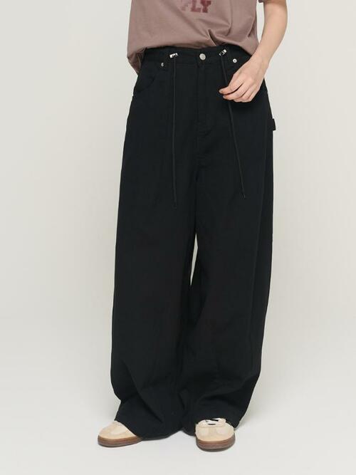 벌룬 스트링 와이드 코튼팬츠 (블랙)