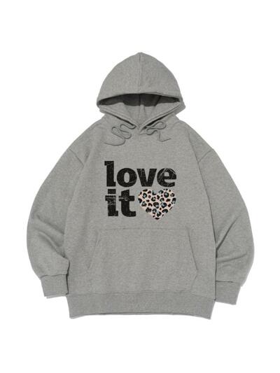 빈티지 하트 레오파드 후드 티셔츠 (그레이)