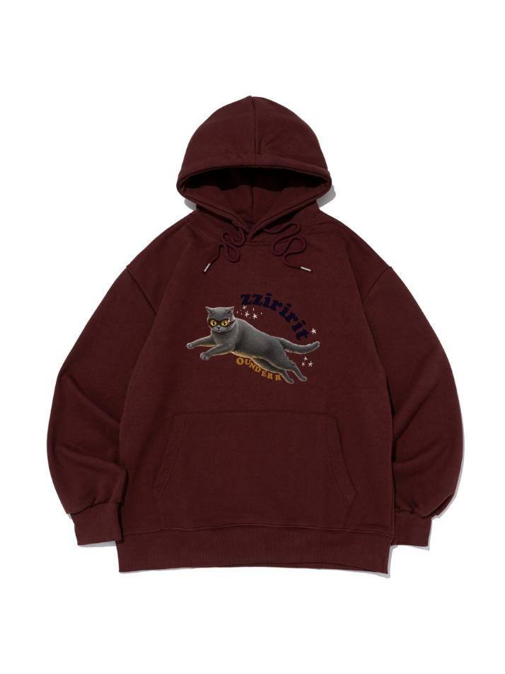 [기모선택] 플라잉 찌릿 캣츠 오버핏 후드 티셔츠 (와인)