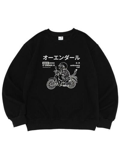 [기모선택] DRAW RIDING BIKE CAT 오버핏 맨투맨 (블랙)
