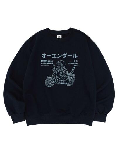 [기모선택] DRAW RIDING BIKE CAT 오버핏 맨투맨 (네이비)