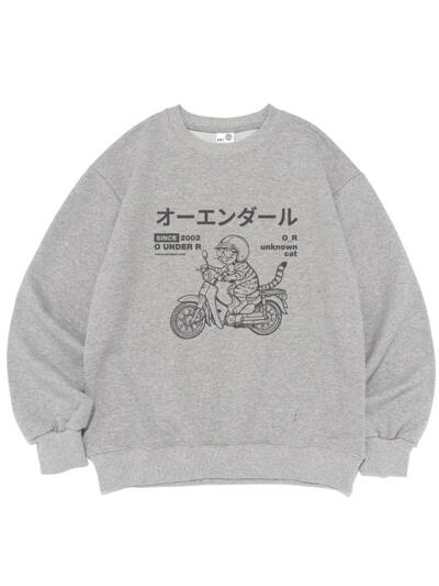 [기모선택] DRAW RIDING BIKE CAT 오버핏 맨투맨 (그레이)