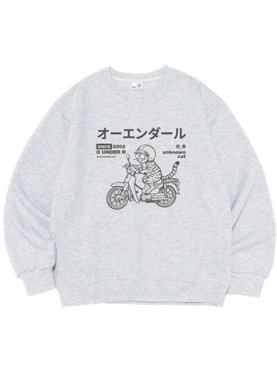 [기모선택] DRAW RIDING BIKE CAT 오버핏 맨투맨 (라이트 그레이)