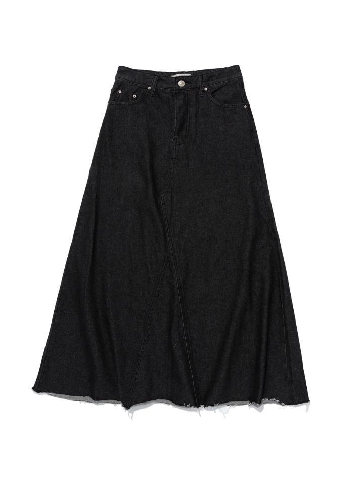 맥시 데님 컷오프 A라인 롱 스커트 (흑청)