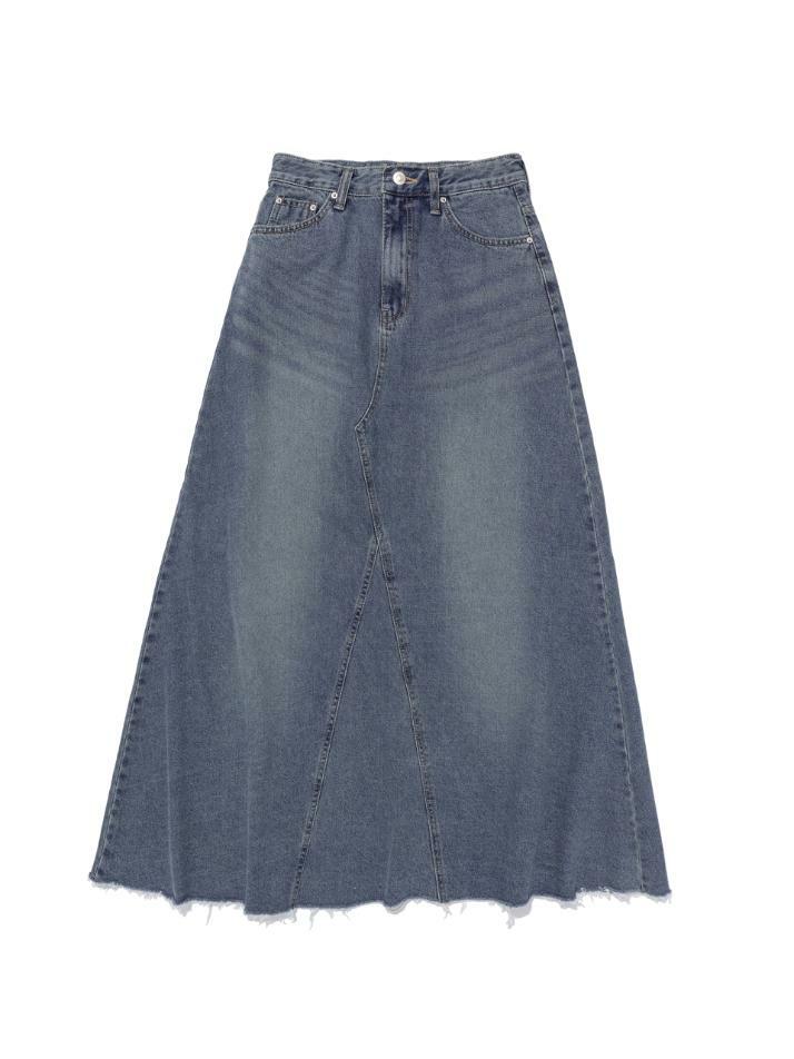맥시 데님 컷오프 A라인 롱 스커트 (중청)