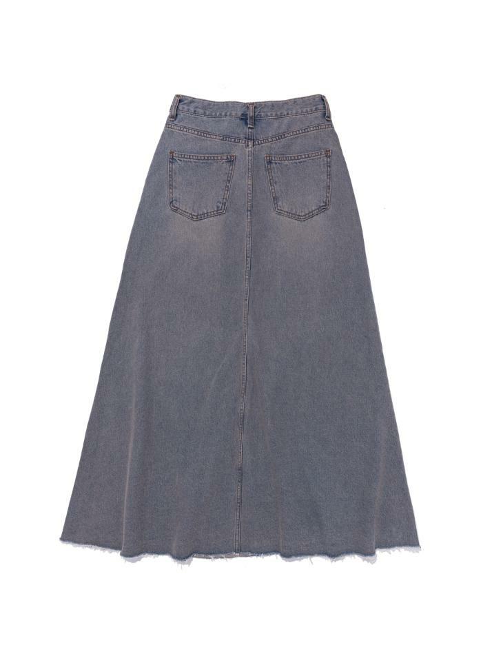 맥시 데님 컷오프 A라인 롱 스커트 (연청)