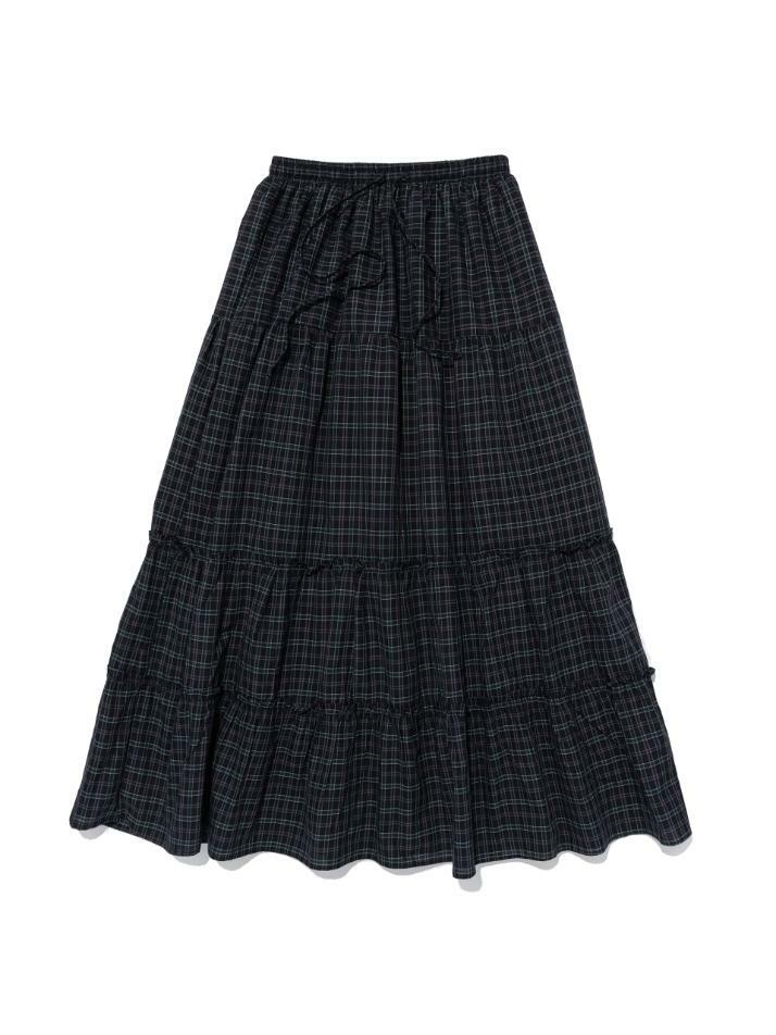 플레어 프릴 체크 롱 스커트 (네이비)