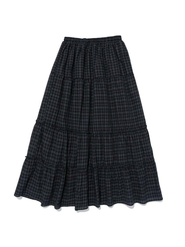 플레어 프릴 체크 롱 스커트 (네이비)