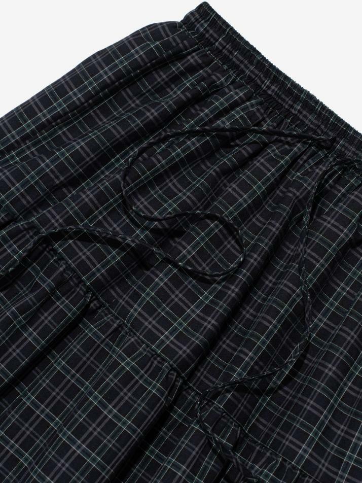 플레어 프릴 체크 롱 스커트 (네이비)