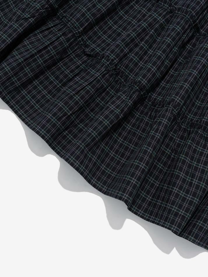 플레어 프릴 체크 롱 스커트 (네이비)