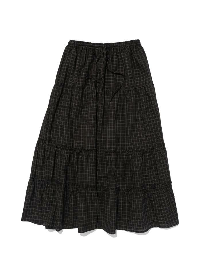 플레어 프릴 체크 롱 스커트 (차콜)