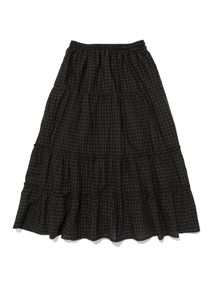 플레어 프릴 체크 롱 스커트 (차콜)