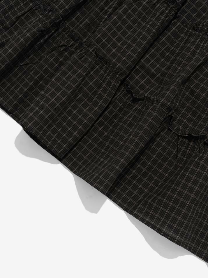 플레어 프릴 체크 롱 스커트 (차콜)