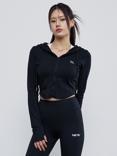 슬림 아크 크롭 후드 집업 블랙