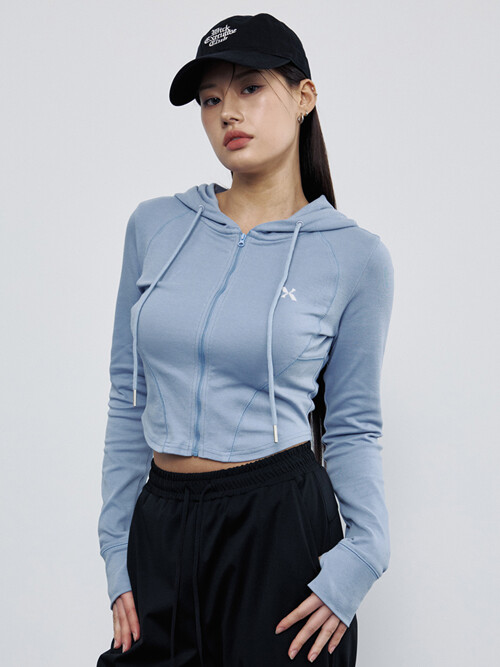 슬림 아크 크롭 후드 집업 블루