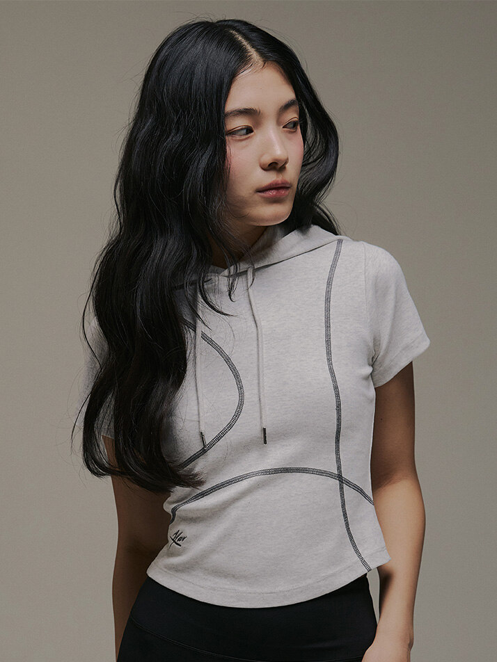 아치드 브릿지 후드 숏슬리브 화이트멜란지