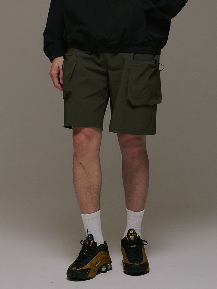 버클 드로우 카고 포켓 쇼츠 카키