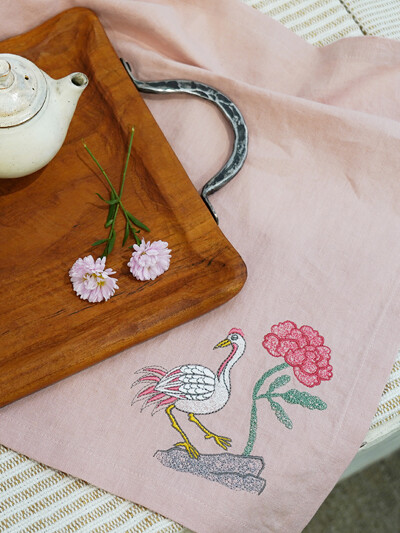 장생도 자수 손수건 (핑크)