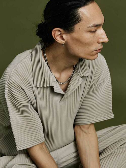 PS04X 플리츠 카라 반팔 티셔츠 [베이지]