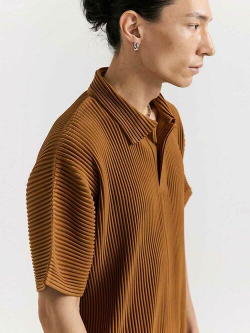 PS04X 플리츠 카라 반팔 티셔츠 [브라운]