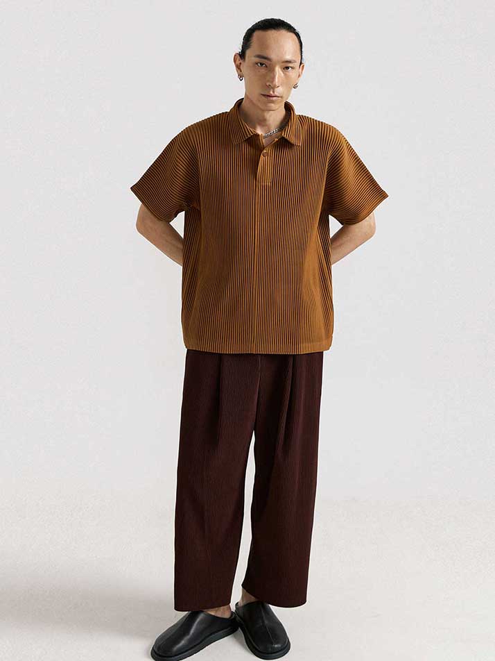 PS04X 플리츠 카라 반팔 티셔츠 [브라운]