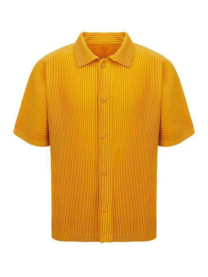 PS05X 플리츠 단추 반팔 카라 오픈 티셔츠 [치즈]