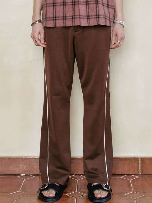 [MIJ] CURVED PIPING LINE BOOTS CUT TRACK PANTS  - BROWN