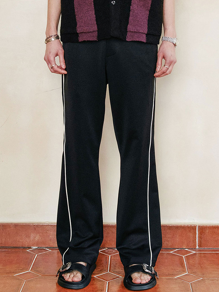 [MIJ] CURVED PIPING LINE BOOTS CUT TRACK PANTS - BLACK