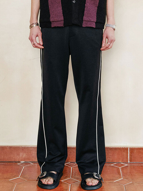 [MIJ] CURVED PIPING LINE BOOTS CUT TRACK PANTS - BLACK