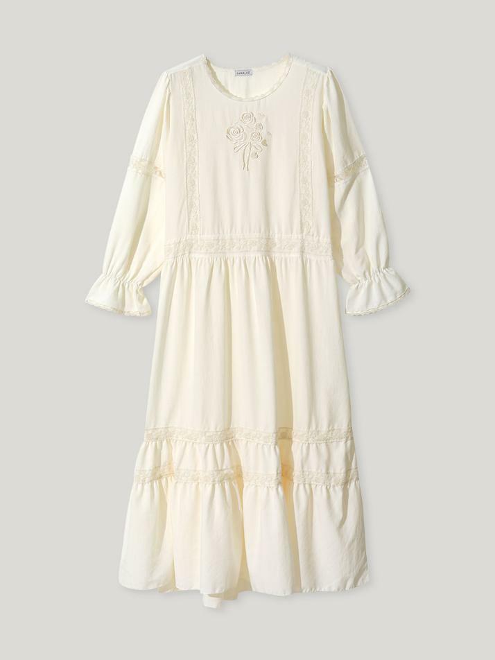 여성 에이비 샌드워싱 긴소매 라운드넥 원피스 잠옷