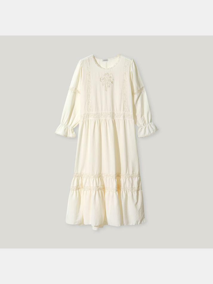 여성 에이비 샌드워싱 긴소매 라운드넥 원피스 잠옷