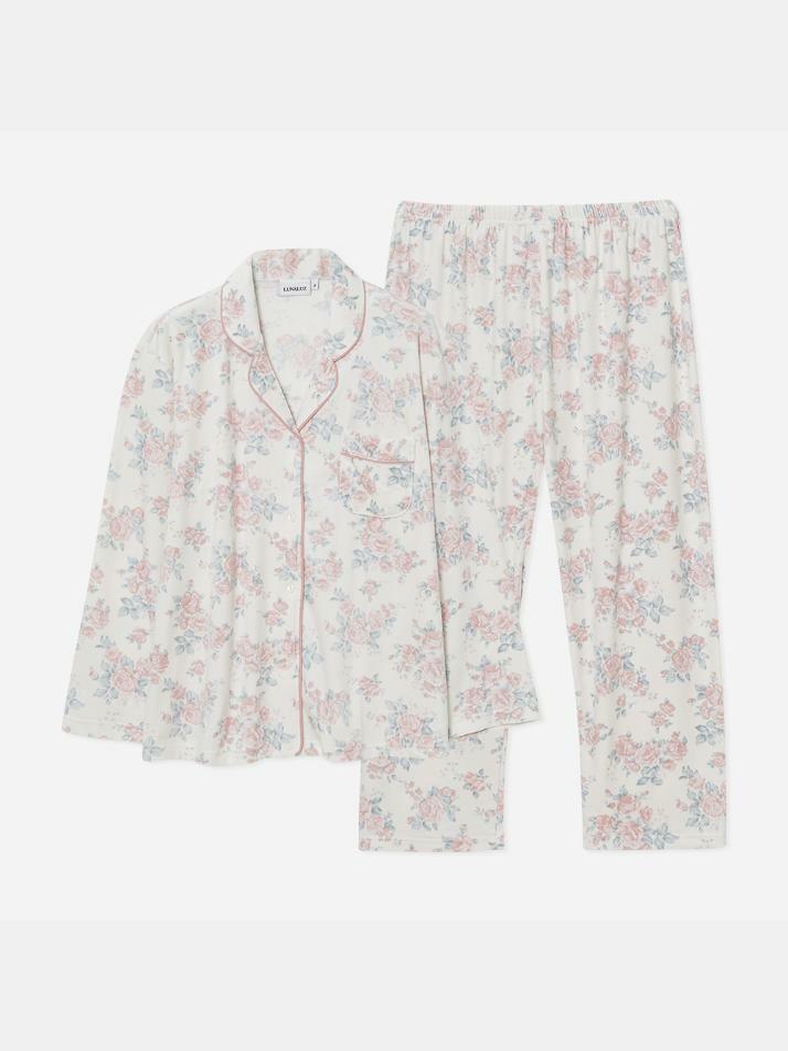 여성 에덴로즈 밍크스판 카라넥 긴소매 투피스 잠옷