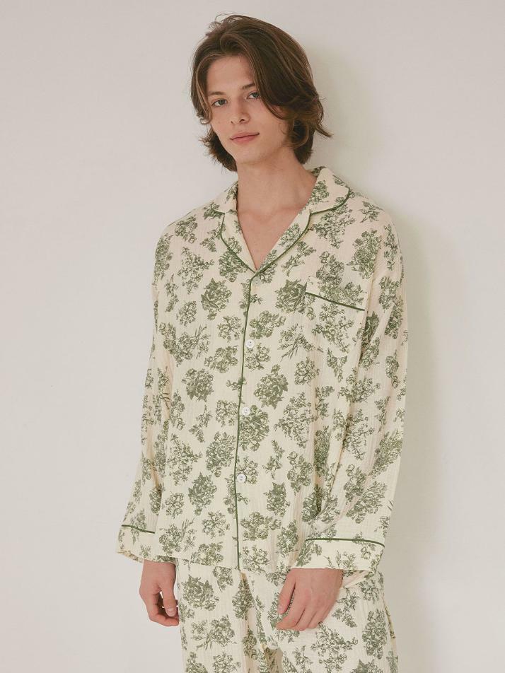 남성 미뉴엣 이중거즈면 긴소매 카라 투피스 잠옷