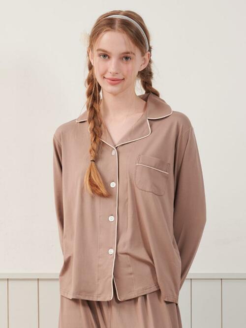 여성 메이비 스판 긴소매 카라 투피스 잠옷