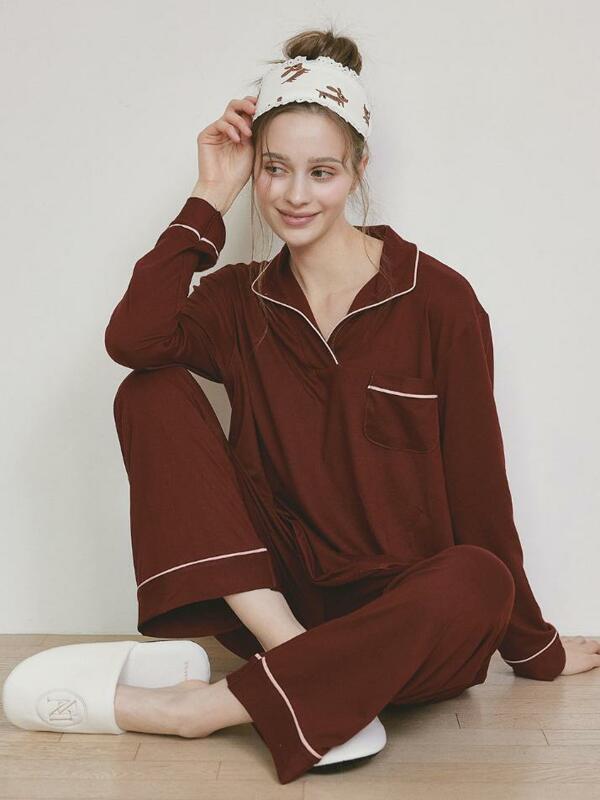 여성 메이비 스판 긴소매 반카라 투피스 잠옷