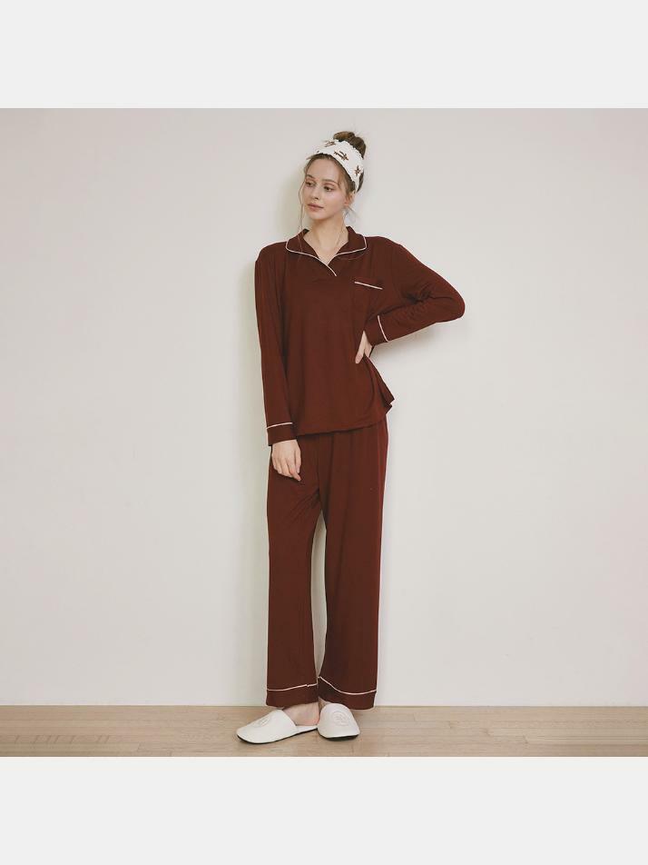 여성 메이비 스판 긴소매 반카라 투피스 잠옷