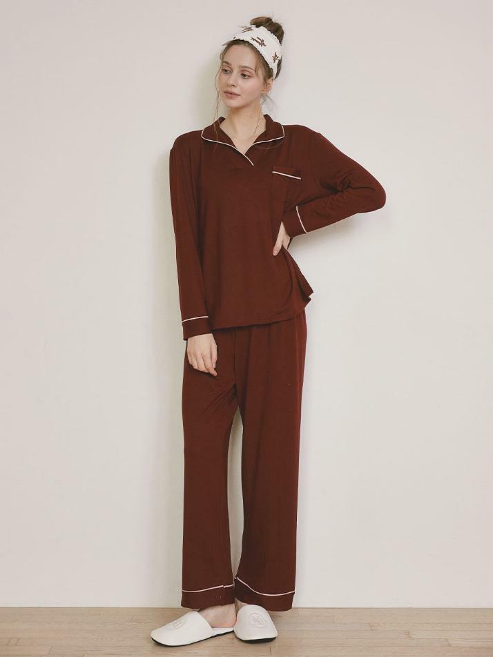 여성 메이비 스판 긴소매 반카라 투피스 잠옷