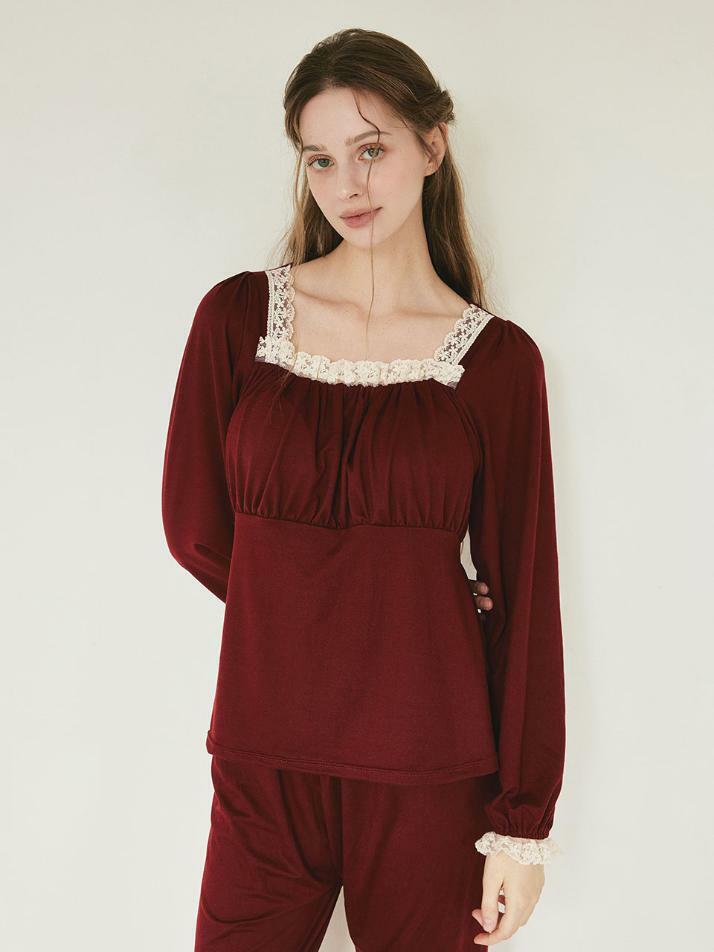 여성 메이비 스판 스퀘어넥 브라캡내장 긴소매 투피스 잠옷(2C)