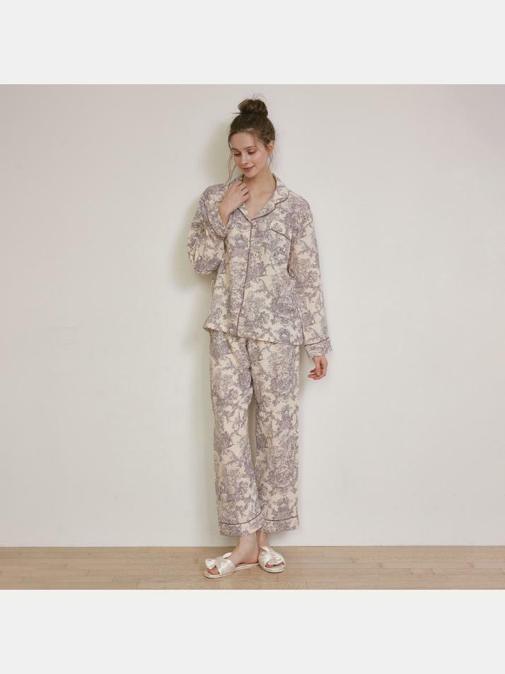 여성 아모르 이중거즈면 긴소매 카라 투피스 잠옷