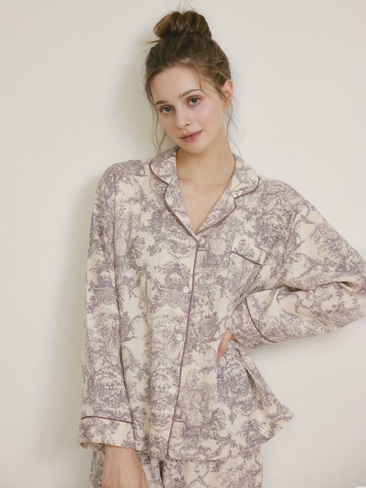 여성 아모르 이중거즈면 긴소매 카라 투피스 잠옷