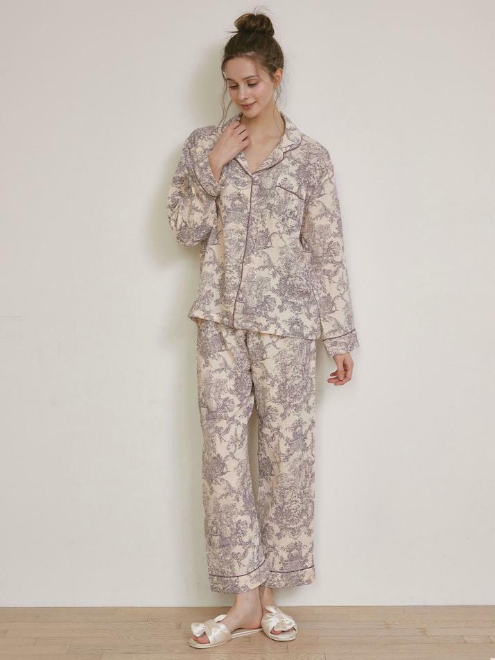 여성 아모르 이중거즈면 긴소매 카라 투피스 잠옷