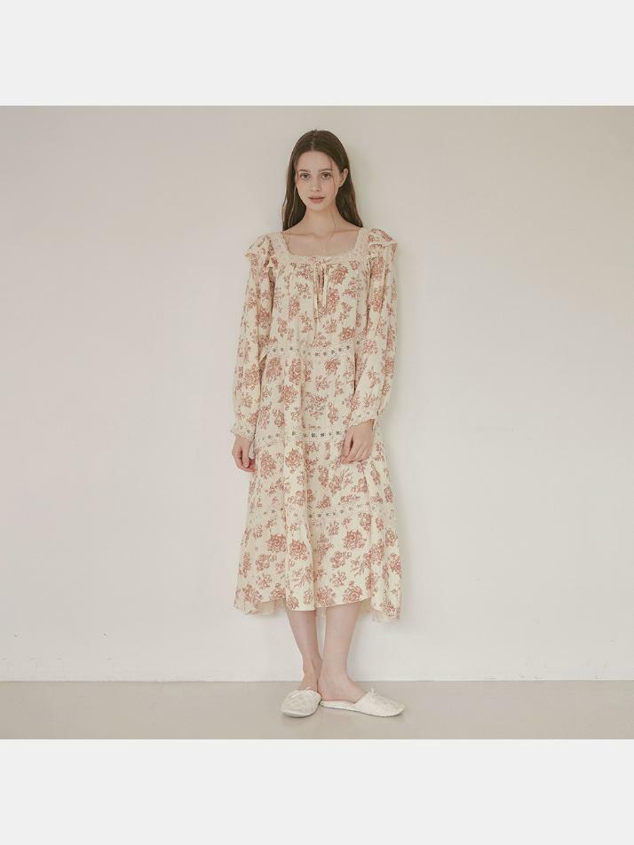 여성 미뉴엣 이중거즈면 긴소매 스퀘어넥 원피스 잠옷(2C)