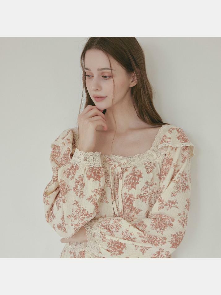 여성 미뉴엣 이중거즈면 긴소매 스퀘어넥 원피스 잠옷(2C)