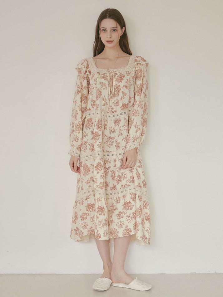 여성 미뉴엣 이중거즈면 긴소매 스퀘어넥 원피스 잠옷(2C)