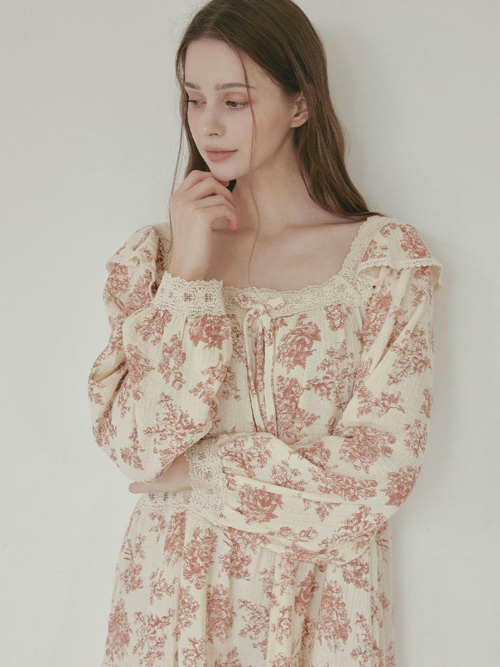 여성 미뉴엣 이중거즈면 긴소매 스퀘어넥 원피스 잠옷(2C)