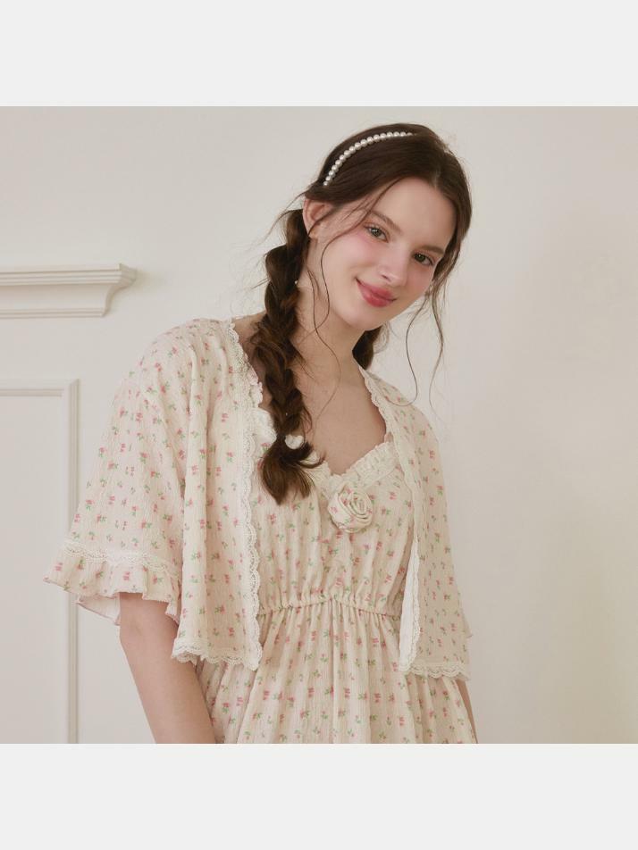 여성 비올렛로즈 원피스 가디건 홈웨어 세트