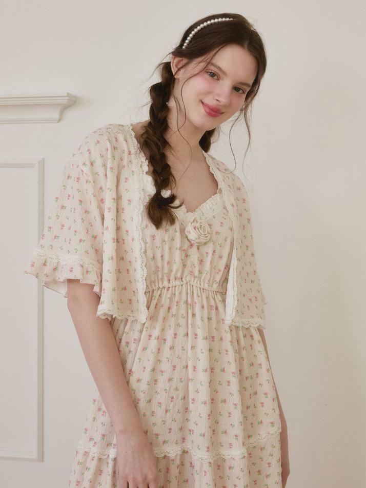 여성 비올렛로즈 원피스 가디건 홈웨어 세트