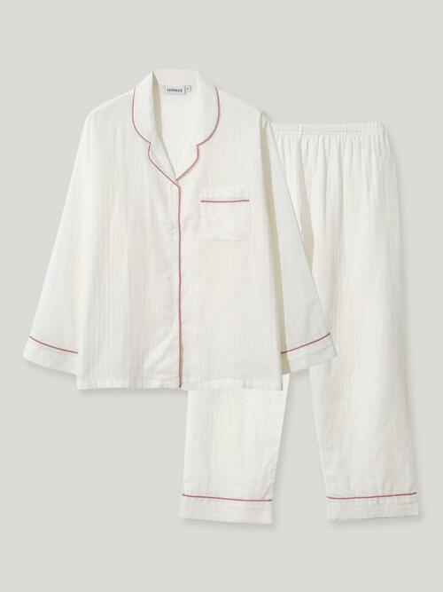 여성 비슈어 코튼 긴소매 카라넥 투피스 잠옷