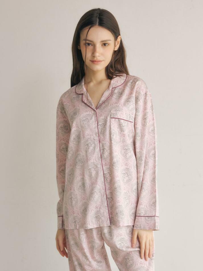 여성 프리베 모달코튼 긴소매 카라 투피스 잠옷