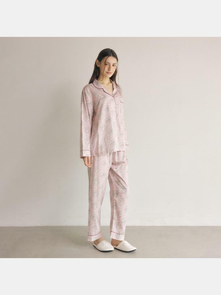 여성 프리베 모달코튼 긴소매 카라 투피스 잠옷